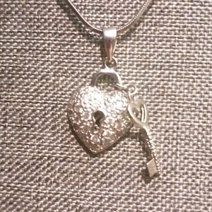 Sterling Silver w/ Crystal Heart Lock Key Pendant w/ Chain - Pre-loved (18"-20")